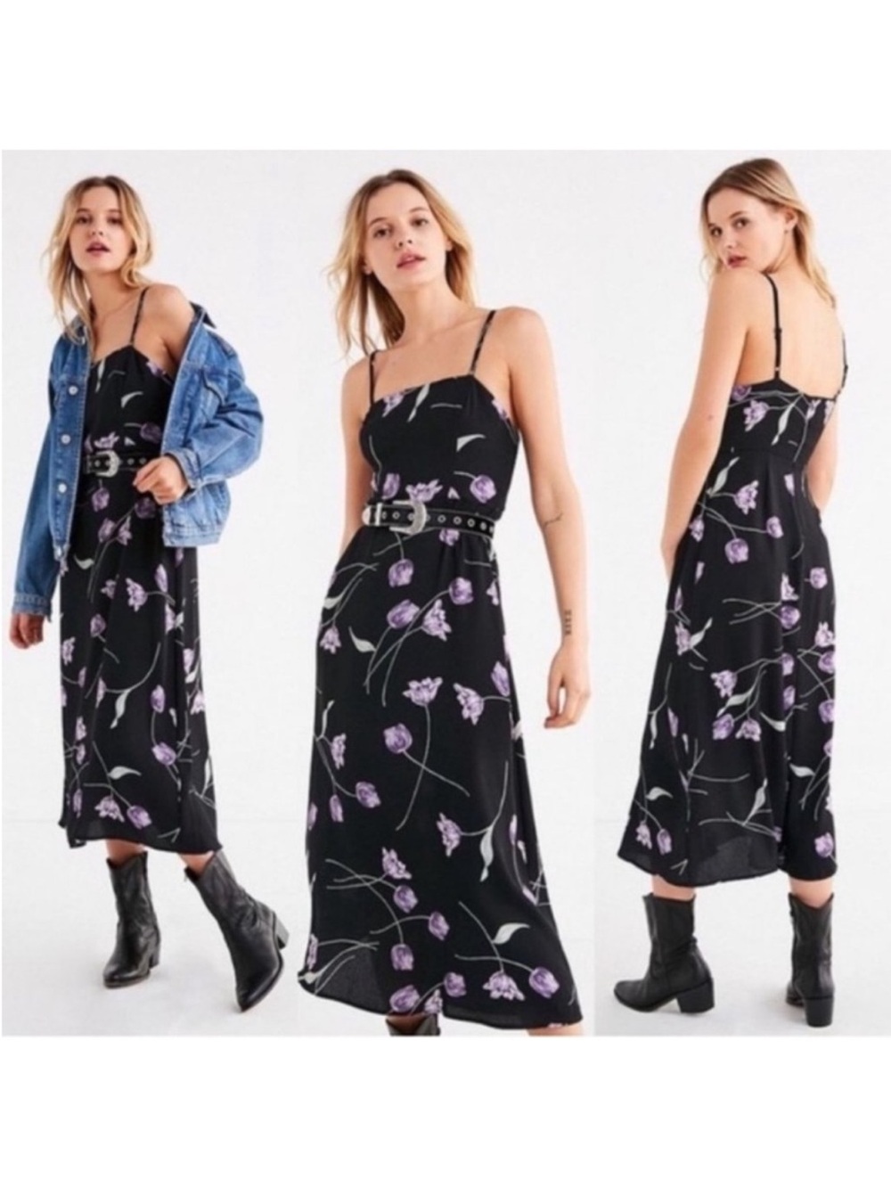 Kimchi Blue Black Midi Slip Dress with Lavender Floral Print